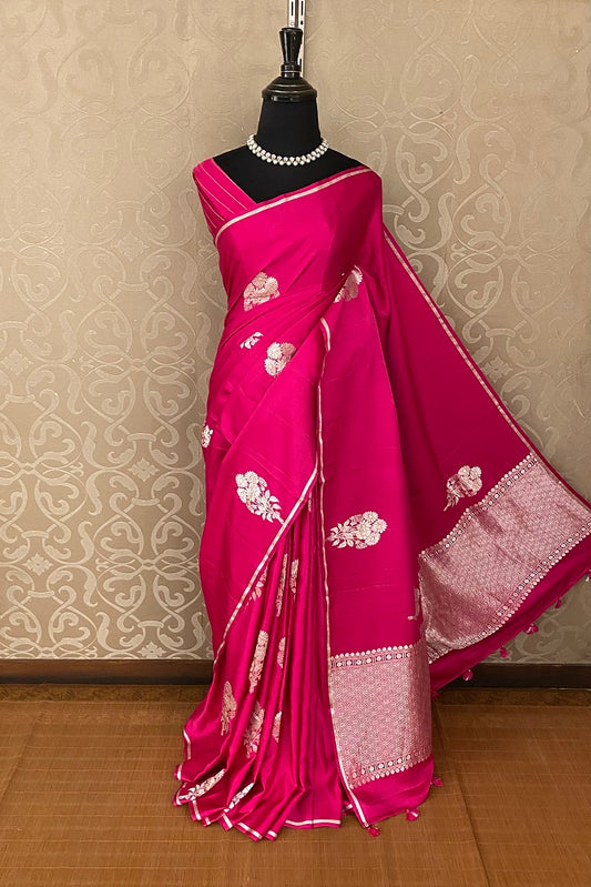 Rani pink Mashru Silk Banarasi Kadwa Handloom Saree, With Blouse
