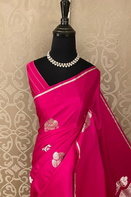 Rani pink Mashru Silk Banarasi Kadwa Handloom Saree, With Blouse