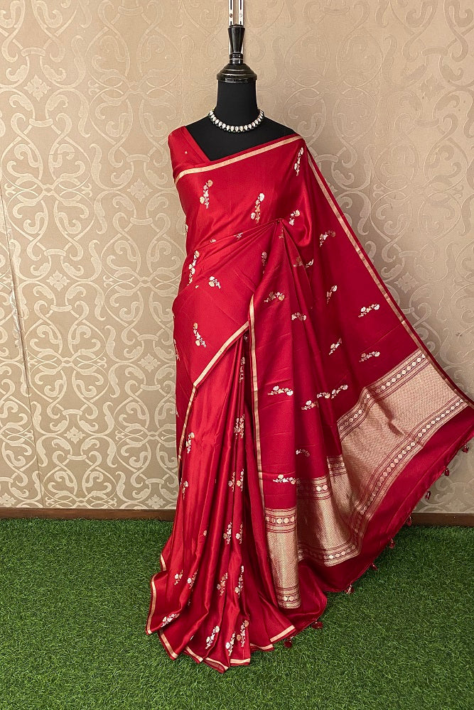 Red Mashru Silk Banarasi Kadwa Handloom Saree, With Blouse