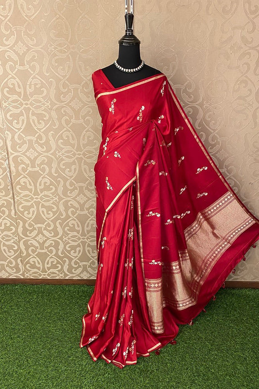 Red Mashru Silk Banarasi Kadwa Handloom Saree, With Blouse