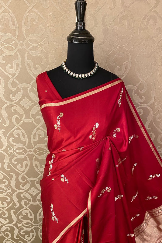 Red Mashru Silk Banarasi Kadwa Handloom Saree, With Blouse