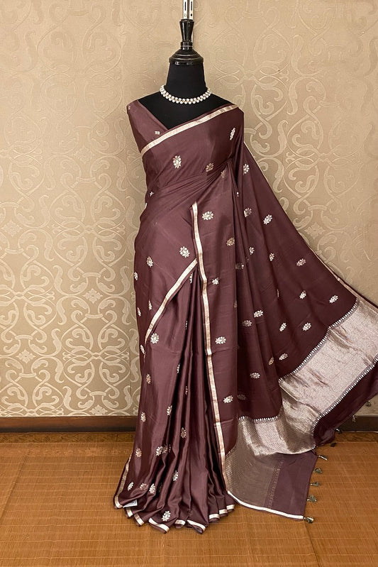 Brown Mashru Silk Banarasi Kadwa Handloom Saree, With Blouse