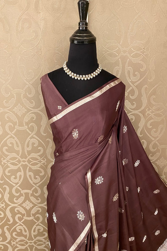 Brown Mashru Silk Banarasi Kadwa Handloom Saree, With Blouse