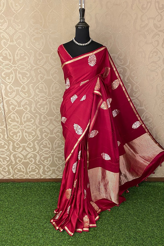 Red Mashru Silk Banarasi Kadwa Handloom Saree, With Blouse