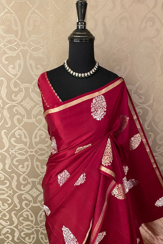 Red Mashru Silk Banarasi Kadwa Handloom Saree, With Blouse