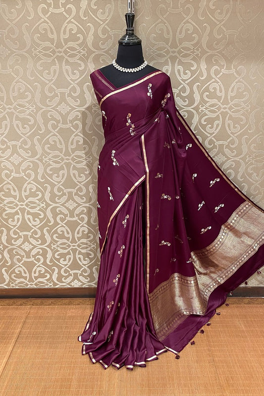 Wine Mashru Silk Banarasi Kadwa Handloom Saree, With Blouse