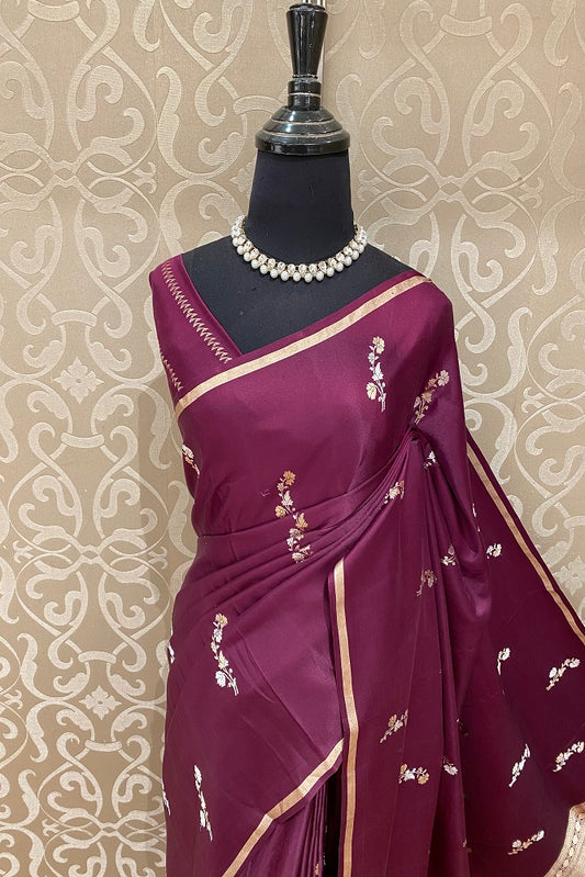 Wine Mashru Silk Banarasi Kadwa Handloom Saree, With Blouse