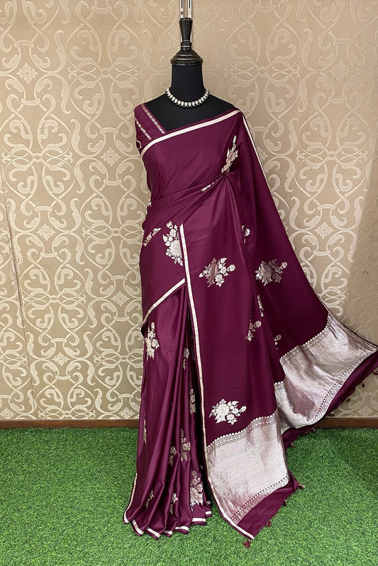 Wine Mashru Silk Banarasi Kadwa Handloom Saree, With Blouse