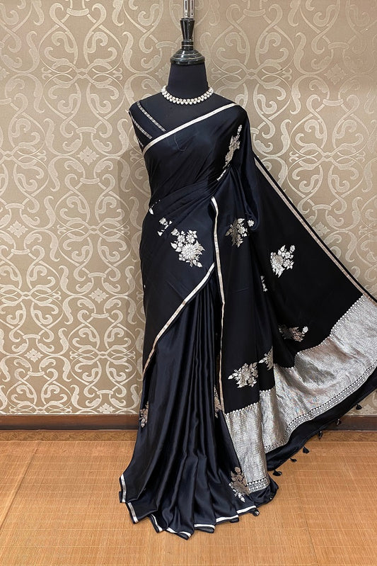 Black Mashru Silk Banarasi Kadwa Handloom Saree, With Blouse
