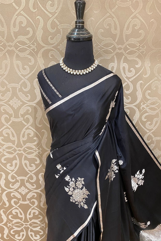 Black Mashru Silk Banarasi Kadwa Handloom Saree, With Blouse