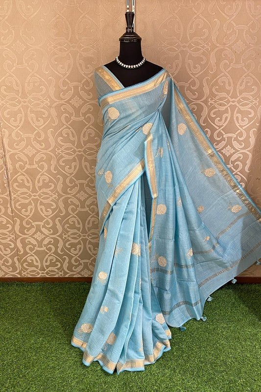 Light Blue MulMul Applique Work Saree,With Blouse Piece