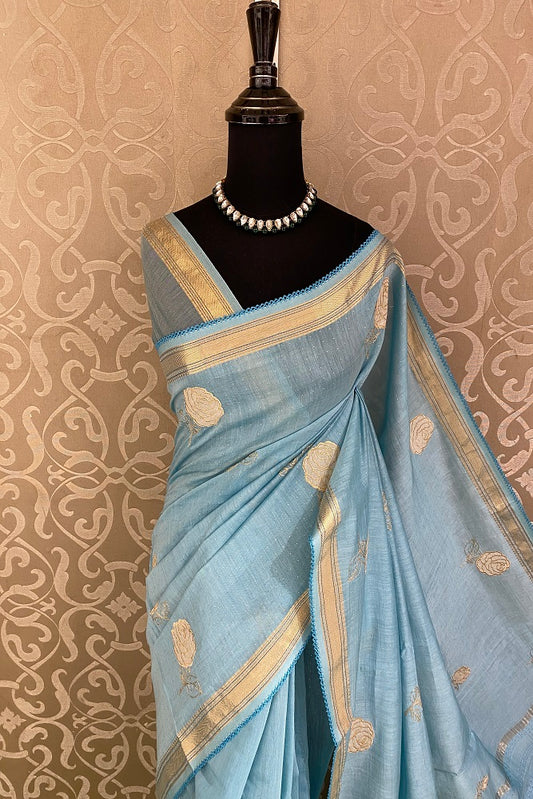 Light Blue MulMul Applique Work Saree,With Blouse Piece