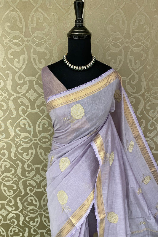 Mauve MulMul Applique Work Saree,With Blouse Piece