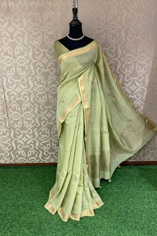 Pista Green MulMul Applique Work Saree,With Blouse Piece