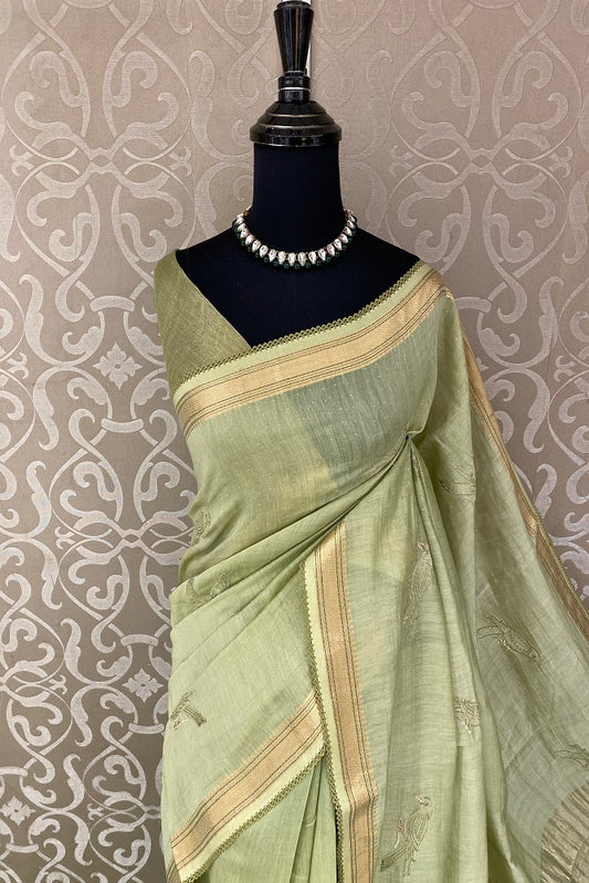 Pista Green MulMul Applique Work Saree,With Blouse Piece