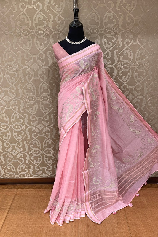 Light Pink MulMul Applique Work Saree,With Blouse Piece