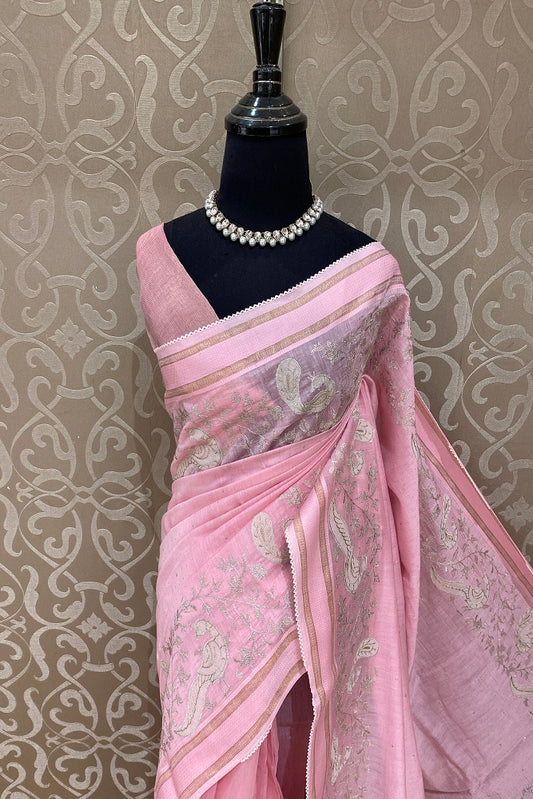 Light Pink MulMul Applique Work Saree,With Blouse Piece