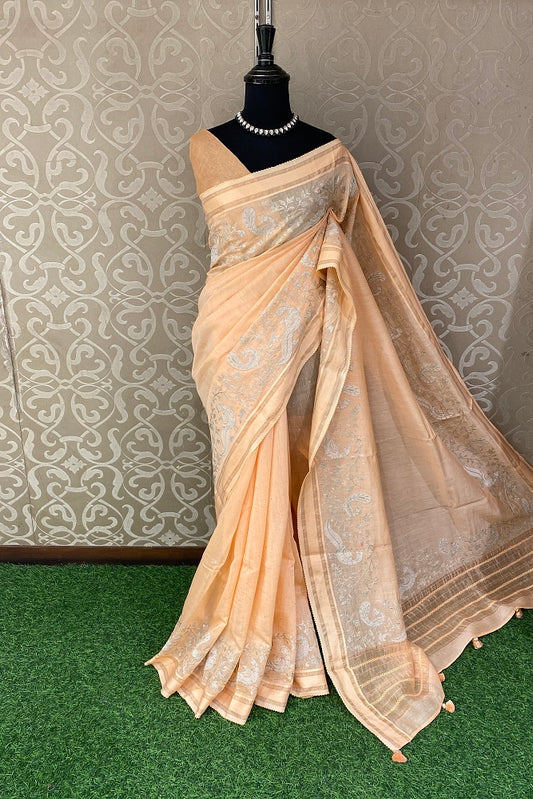 Light Peach MulMul Applique Work Saree,With Blouse Piece