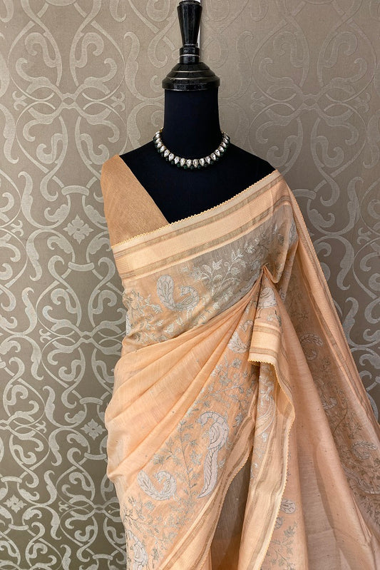 Light Peach MulMul Applique Work Saree,With Blouse Piece