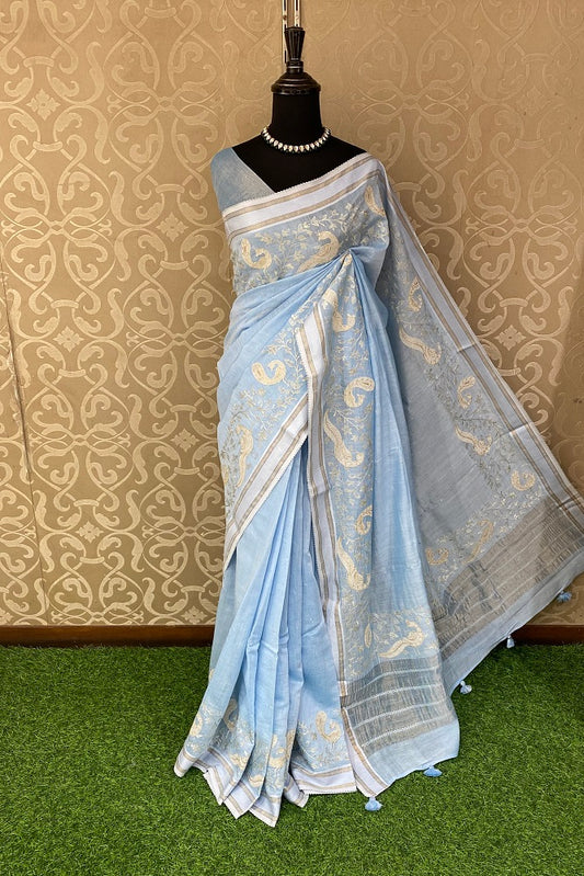 Light Blue MulMul Applique Work Saree,With Blouse Piece