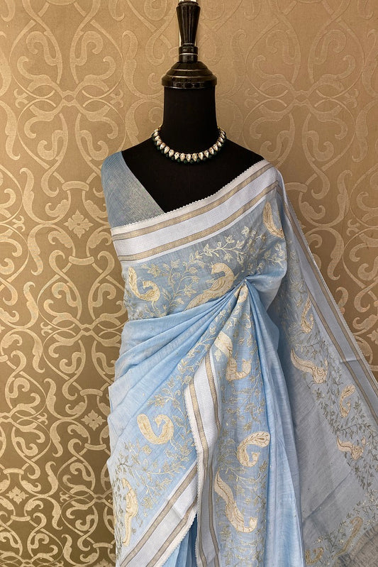 Light Blue MulMul Applique Work Saree,With Blouse Piece