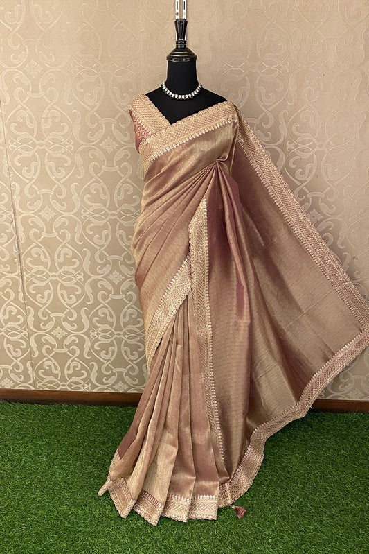 Mauvis Gold Tissue Saree Embroidery  Border, With Blouse