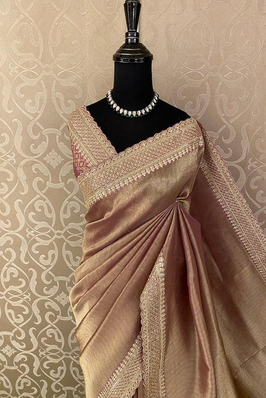 Mauvis Gold Tissue Saree Embroidery  Border, With Blouse
