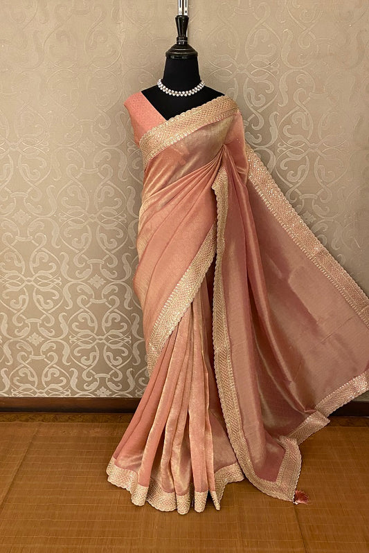 Peach Gold Tissue Saree Embroidery  Border, With Blouse
