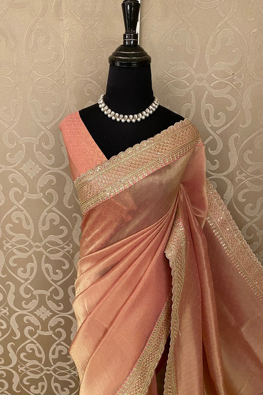 Peach Gold Tissue Saree Embroidery  Border, With Blouse