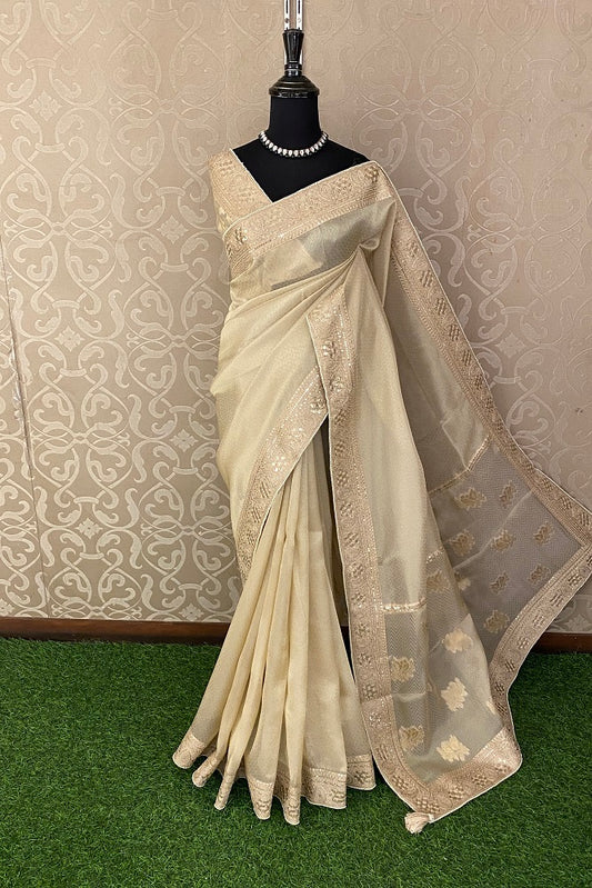 Offwhite Gold Tissue Saree Embroidery  Border, With Blouse