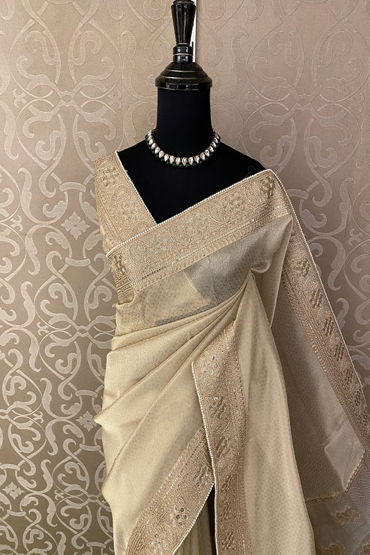 Offwhite Gold Tissue Saree Embroidery  Border, With Blouse