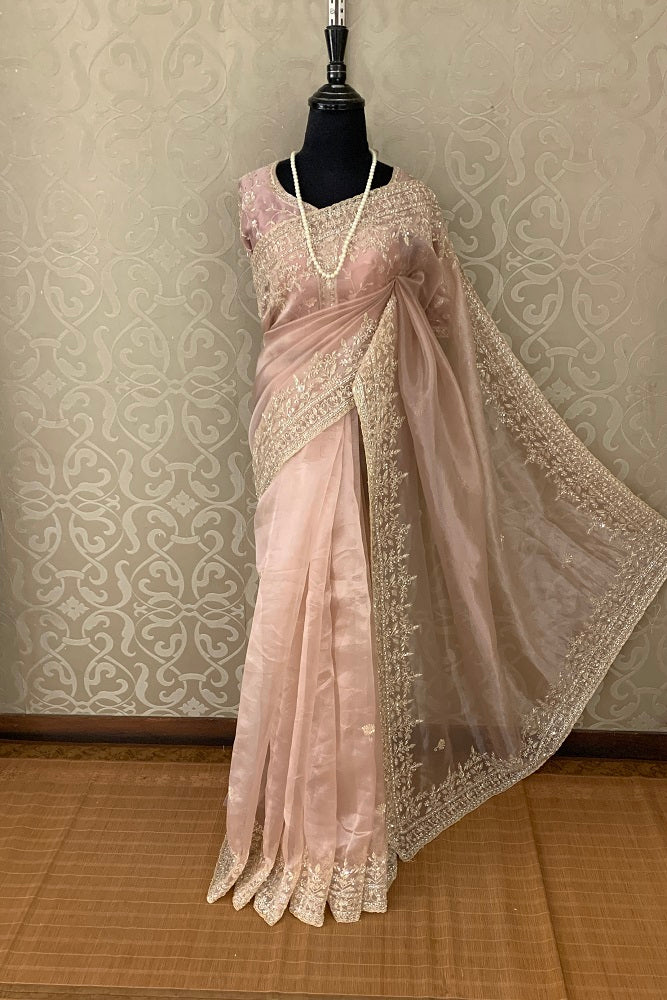 PEACH ORGANZA SILK SAREE HAND EMBROIDERY WORK WITH READYMADE BLOUSE