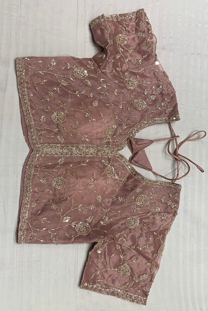 PEACH ORGANZA SILK SAREE HAND EMBROIDERY WORK WITH READYMADE BLOUSE