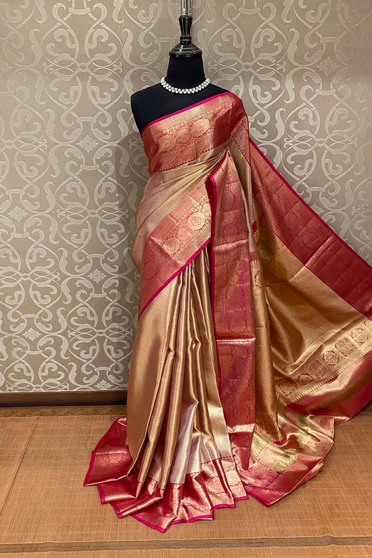 Gold & Pink Pure Kanjeevaram Silk Saree, With Blouse
