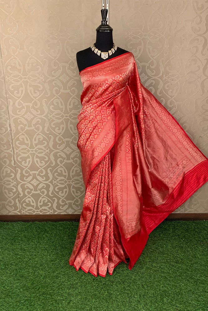 Red Katan Silk Banarasi Kadwa Meenakari Handloom Saree