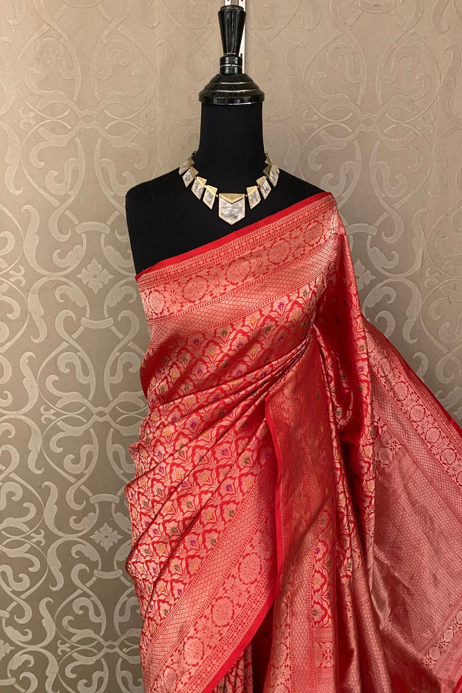Red Katan Silk Banarasi Kadwa Meenakari Handloom Saree