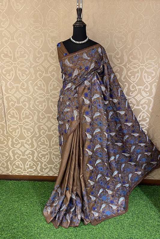 Brown Pure Tussar Bengal Kantha Stitch Saree, With Blouse.