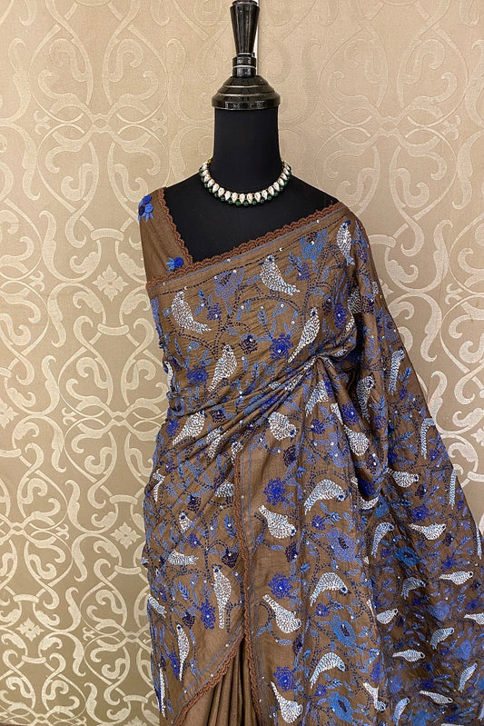Brown Pure Tussar Bengal Kantha Stitch Saree, With Blouse.