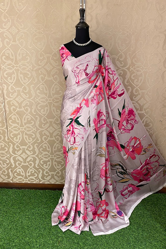 Light Grey & Multi Floral Printed Satin Silk Saree,With Blouse Piece