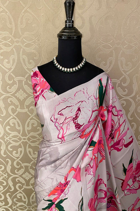 Light Grey & Multi Floral Printed Satin Silk Saree,With Blouse Piece