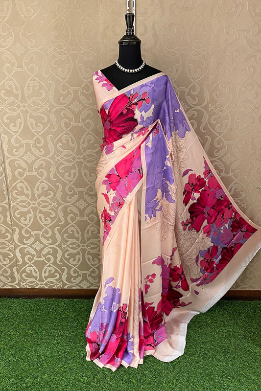 Rose Gold & Multi Floral Printed Satin Silk Saree,With Blouse Piece