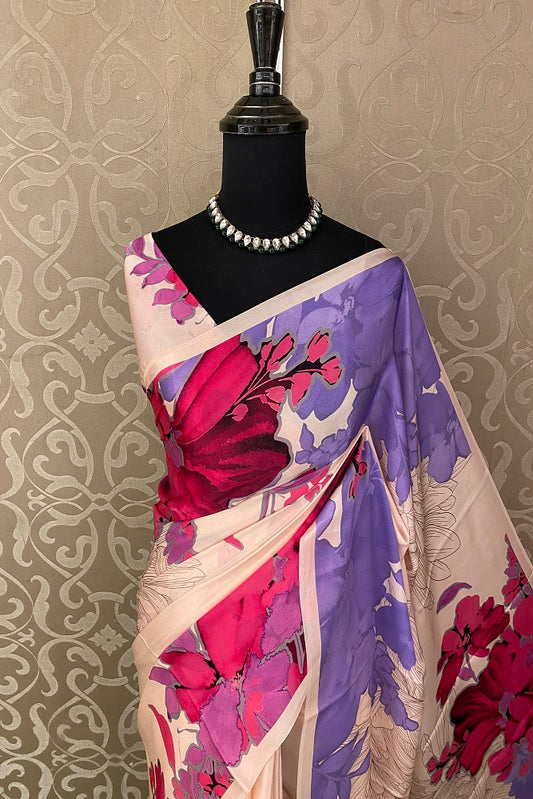 Rose Gold & Multi Floral Printed Satin Silk Saree,With Blouse Piece