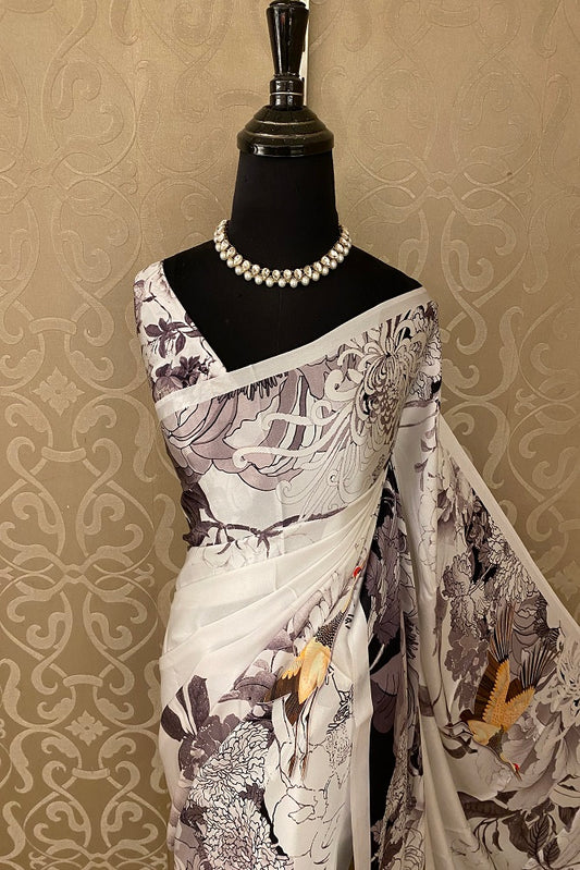 Ash & Multi Floral Printed Satin Silk Saree,With Blouse Piece