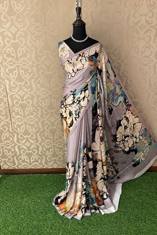 Grey & Multi Floral Printed Satin Silk Saree,With Blouse Piece