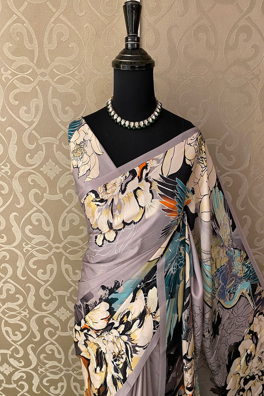 Grey & Multi Floral Printed Satin Silk Saree,With Blouse Piece