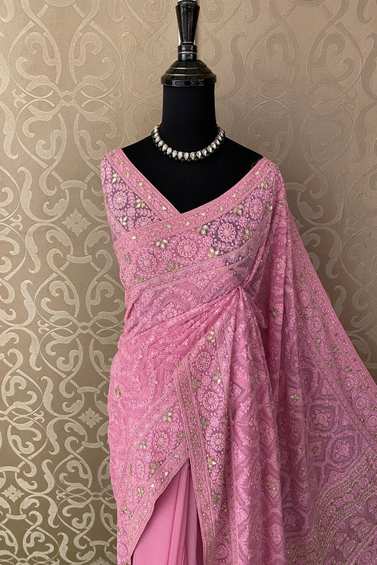 Pink Georgette Saree Chikankari Embroidery Zardoji Work, Unstitched Blouse