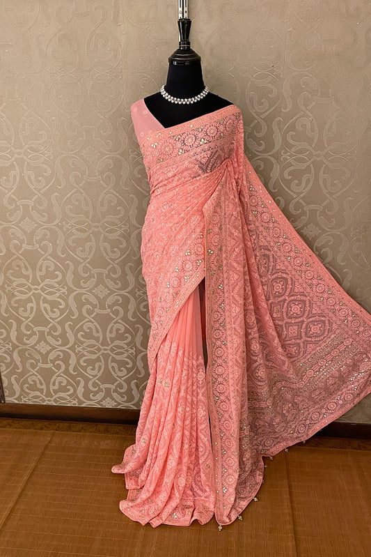 Peach Georgette Saree Chikankari Embroidery Zardoji Work, Unstitched Blouse