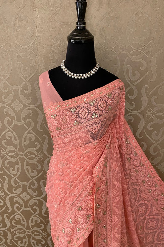 Peach Georgette Saree Chikankari Embroidery Zardoji Work, Unstitched Blouse