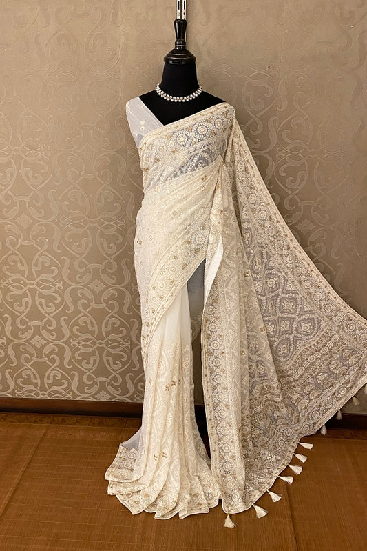 Offwhite Georgette Saree Chikankari Embroidery Zardoji Work, Unstitched Blouse