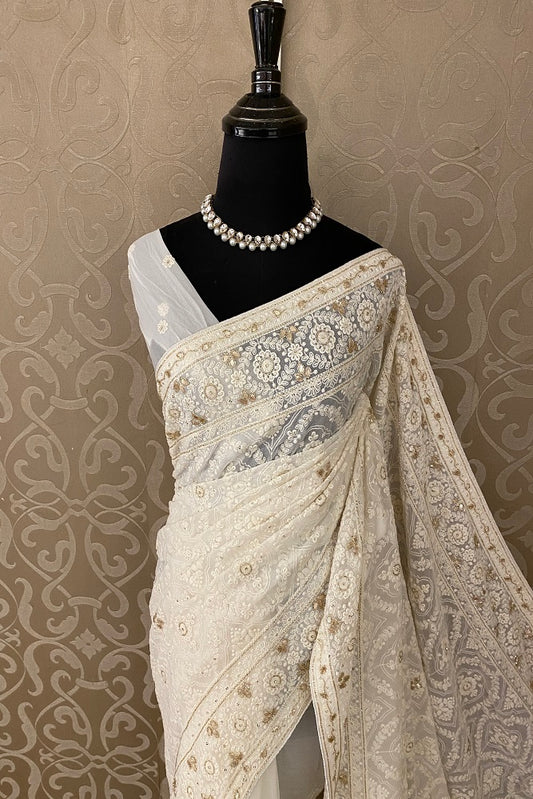 Offwhite Georgette Saree Chikankari Embroidery Zardoji Work, Unstitched Blouse